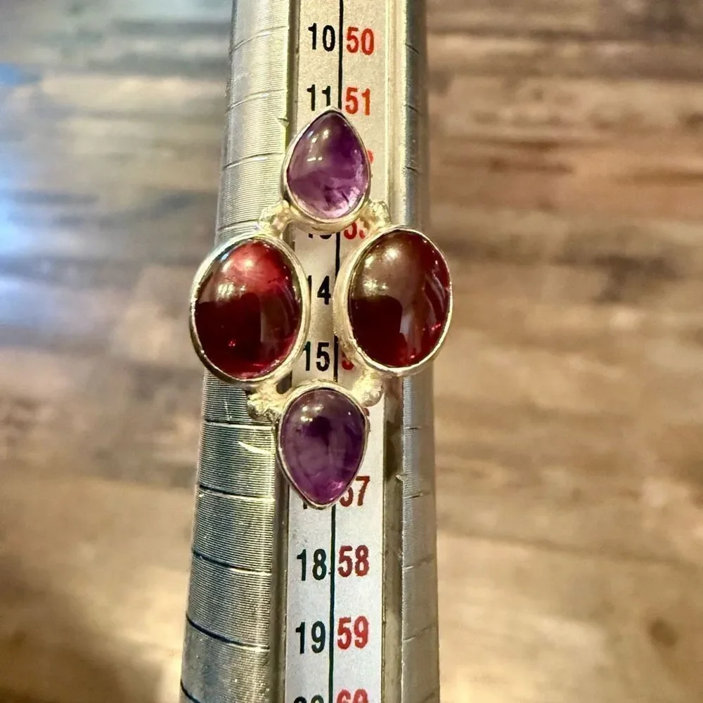 Unique Natural Amethyst Garnet Gemstone Ring Sterling Silver Size 7 New